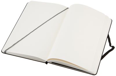 AmazonBasics Blank hardcover notebook: Open notebook construction; not a measured scale.