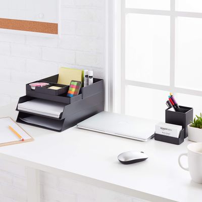 AmazonBasics Modular desk organizer · 7 parts: Organizer use context. Other props are not included.